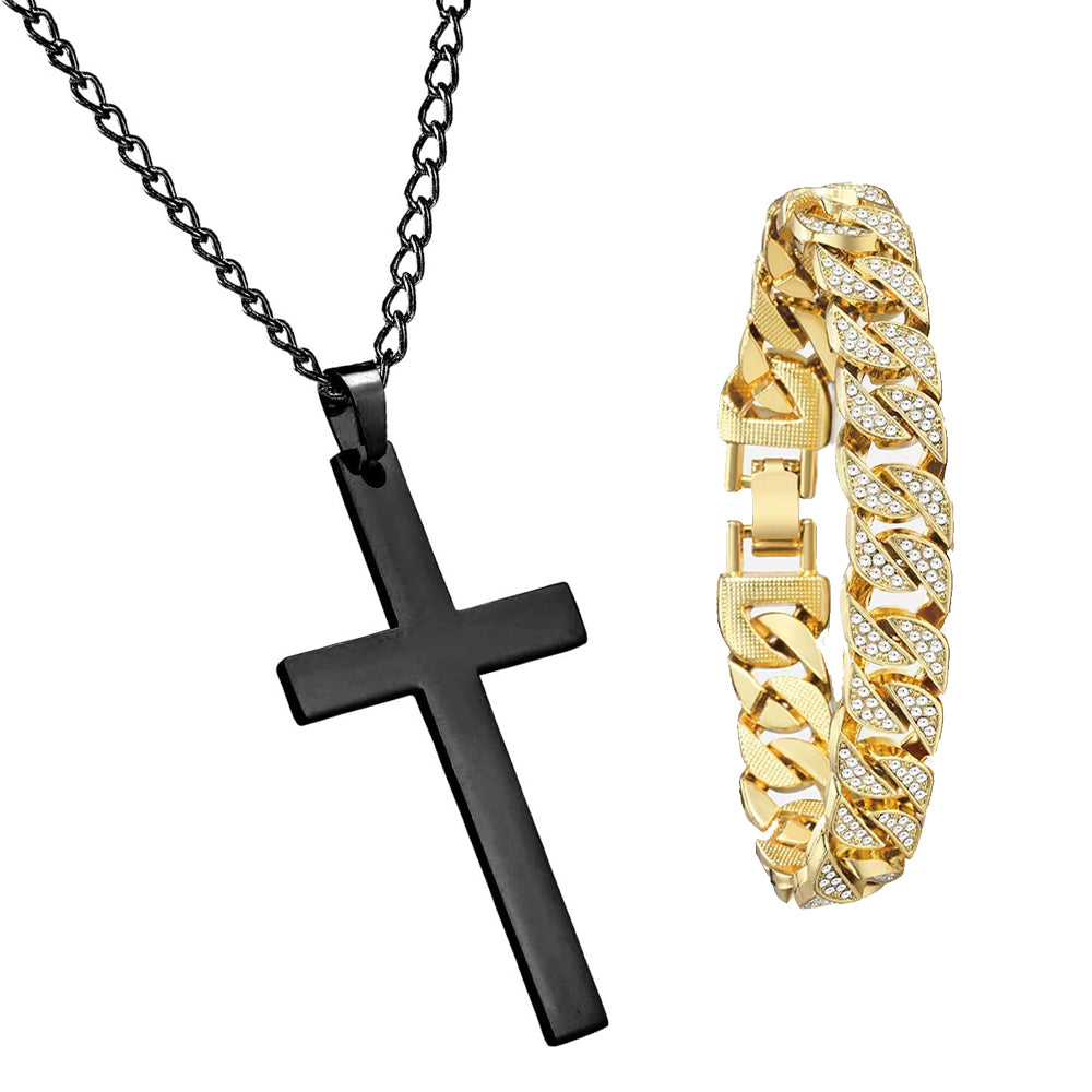 Miami Gold Curb Cuban Bracelet & Cross Necklace
