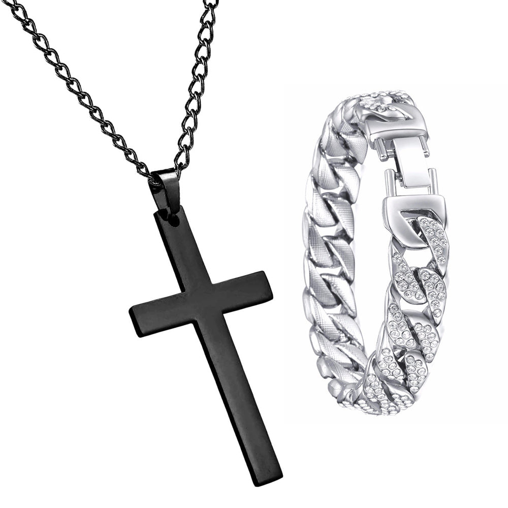 Miami Gold Curb Cuban Bracelet & Cross Necklace