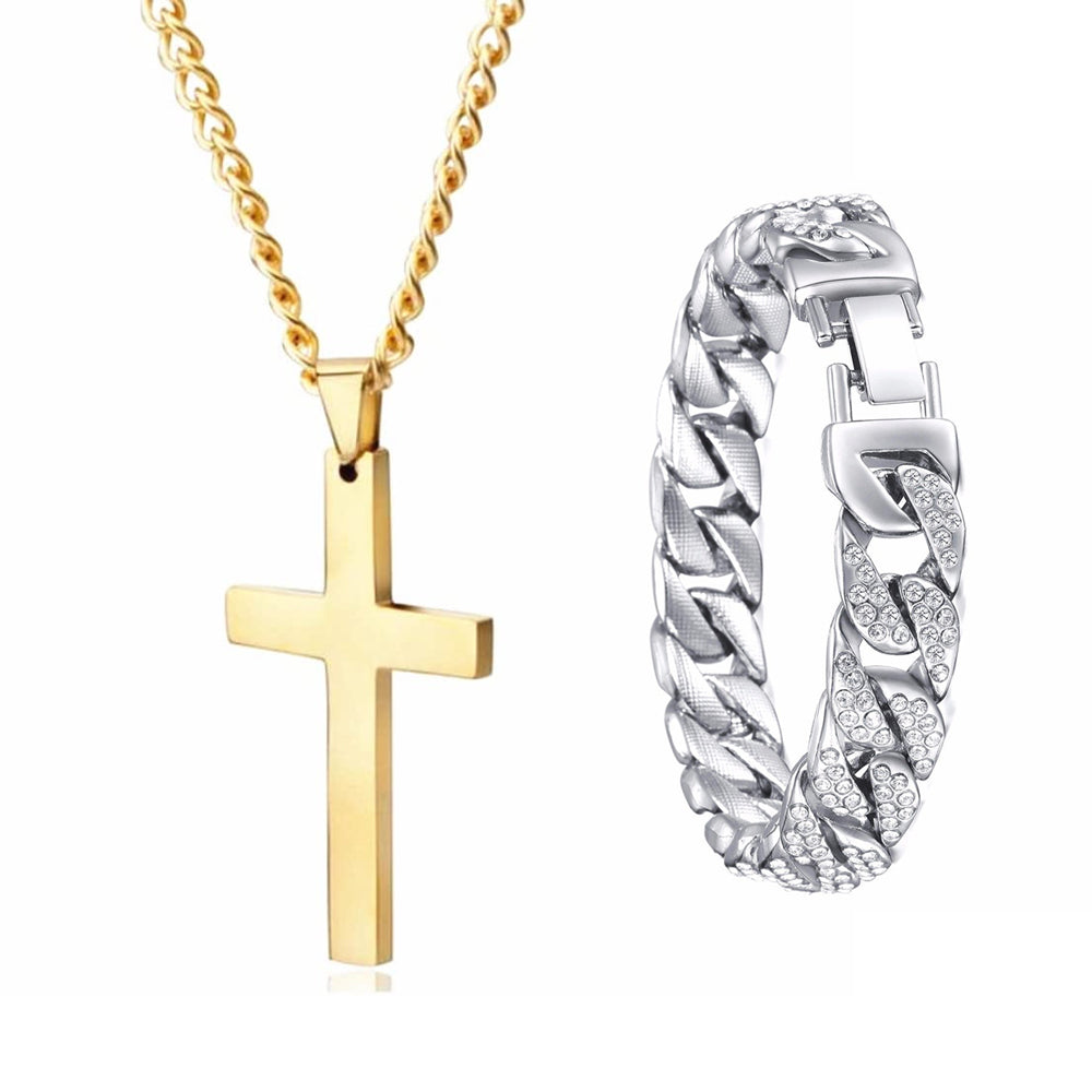 Miami Gold Curb Cuban Bracelet & Cross Necklace