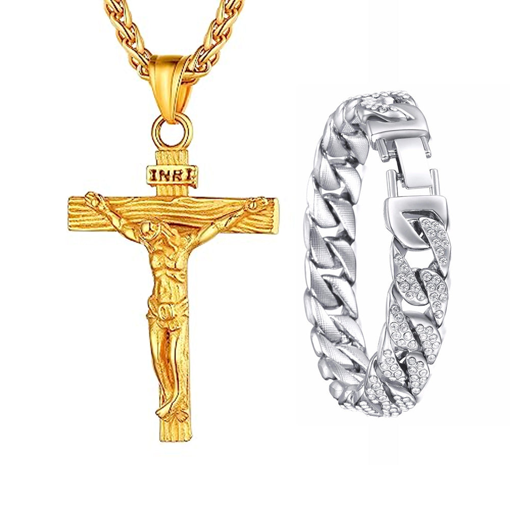 Miami Gold Curb Cuban Bracelet & Cross Necklace