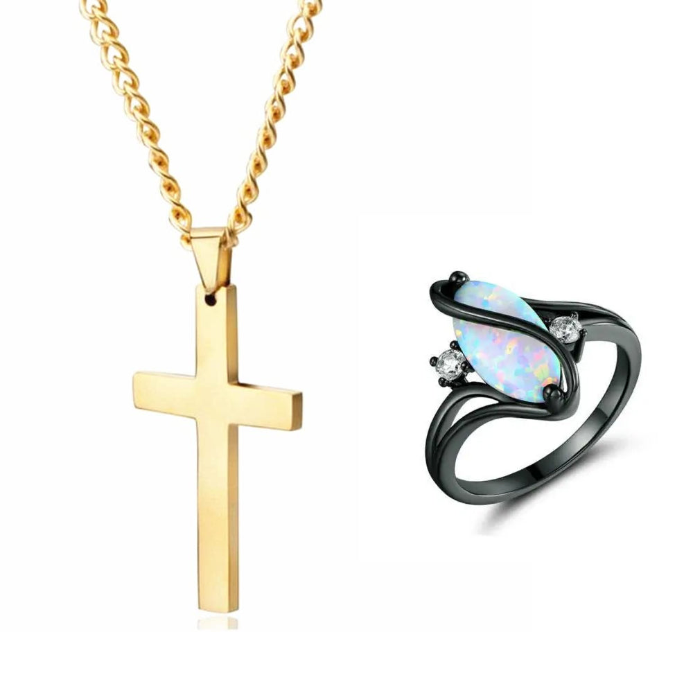 Cross Necklace & Luxurious Opal Ring