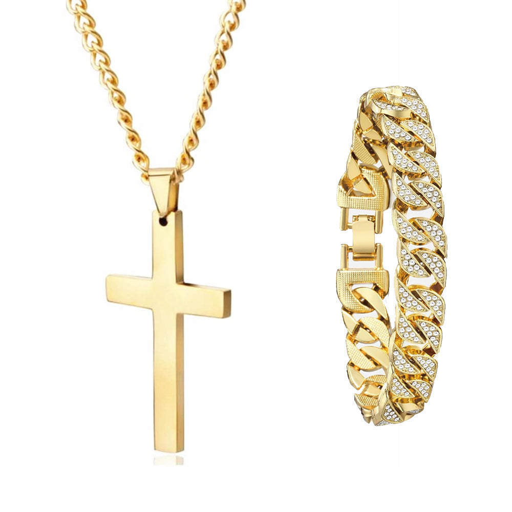 Miami Gold Curb Cuban Bracelet & Cross Necklace