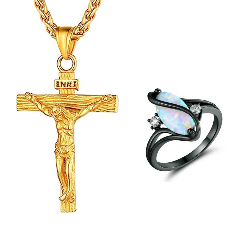 Cross Necklace & Luxurious Opal Ring