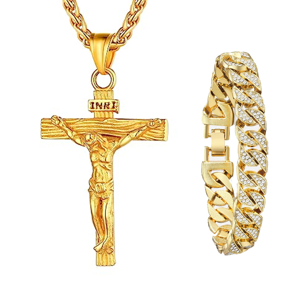 Miami Gold Curb Cuban Bracelet & Cross Necklace