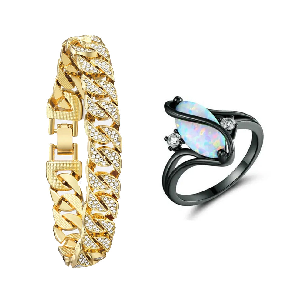 Luxurious Opal Ring & Miami Gold Curb Cuban Bracelet