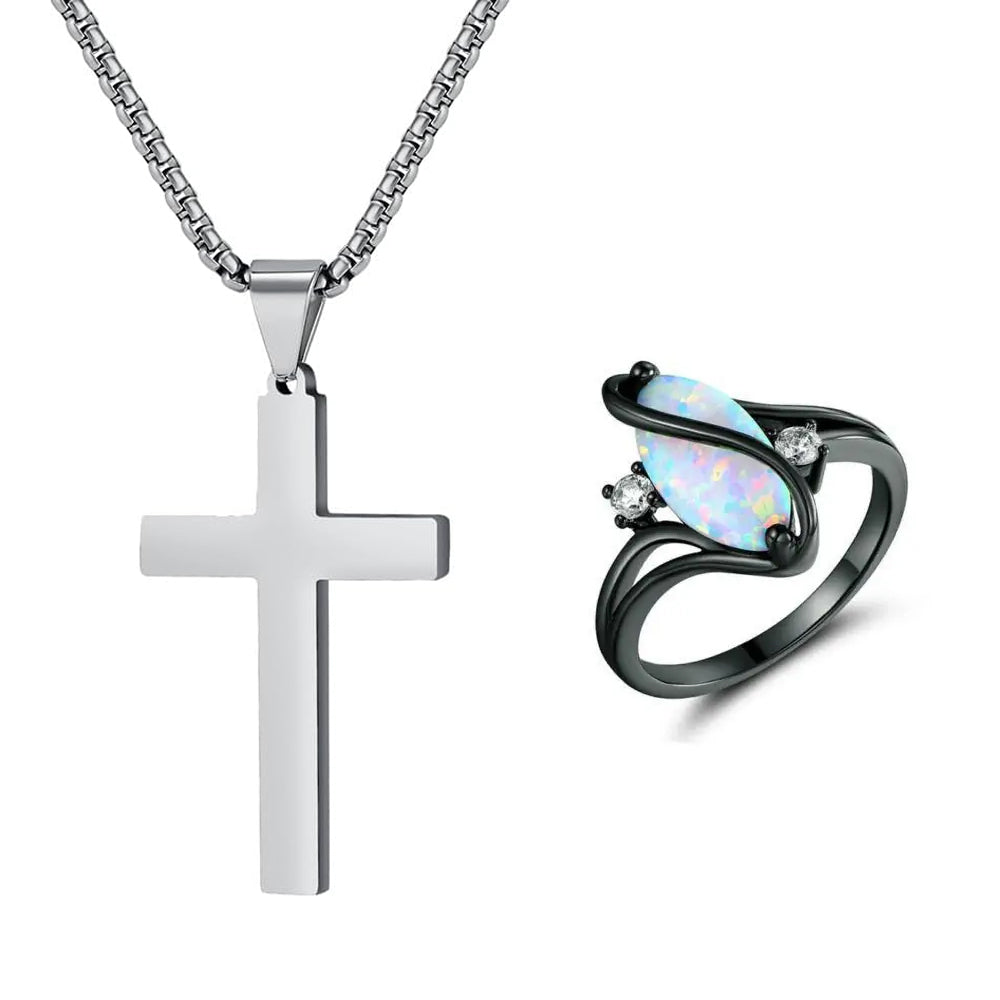 Cross Necklace & Luxurious Opal Ring