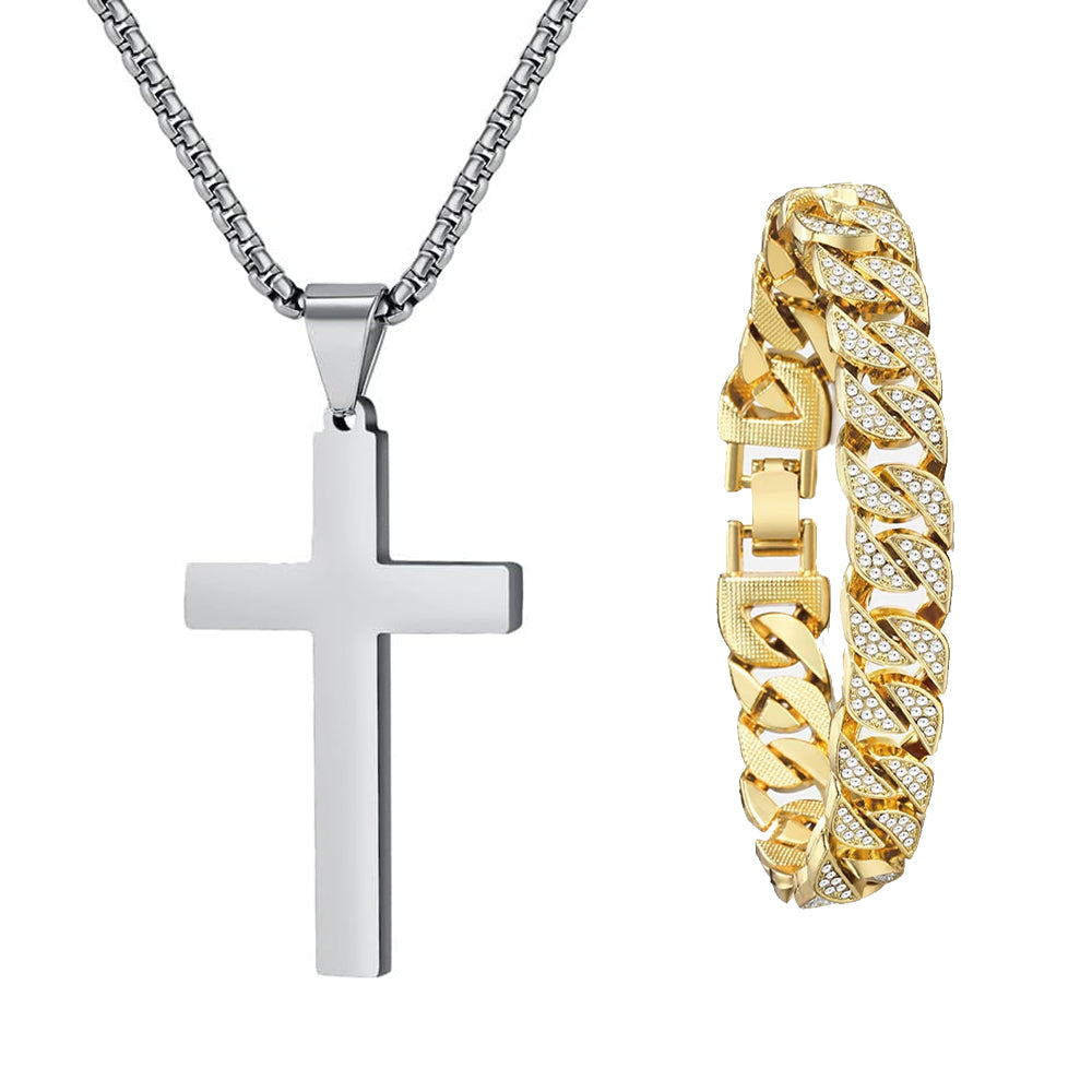 Miami Gold Curb Cuban Bracelet & Cross Necklace