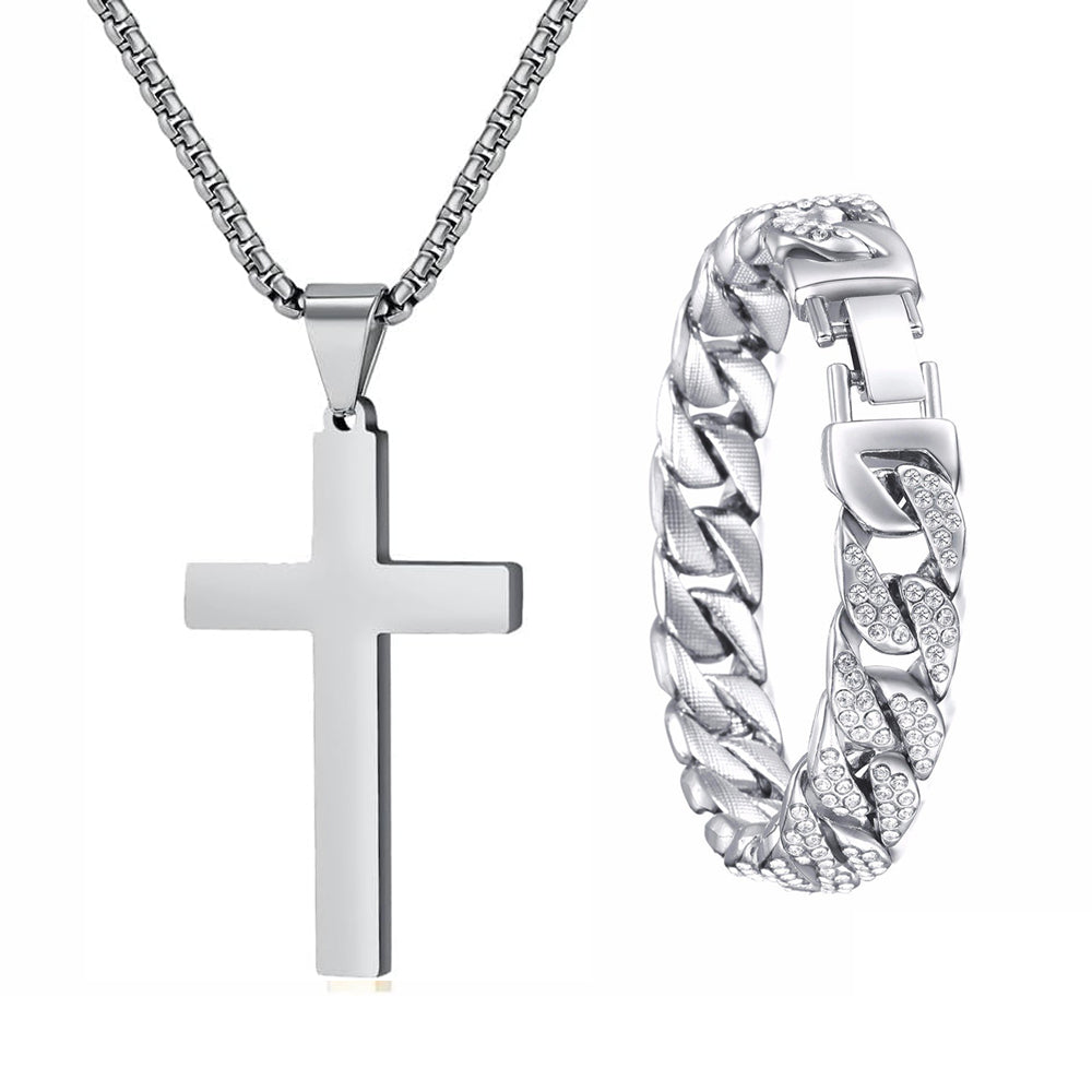 Miami Gold Curb Cuban Bracelet & Cross Necklace