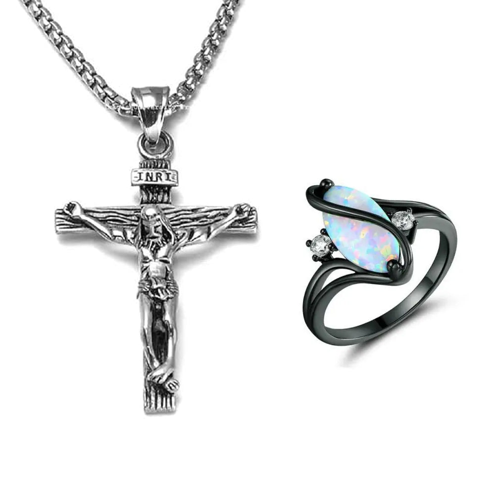 Cross Necklace & Luxurious Opal Ring