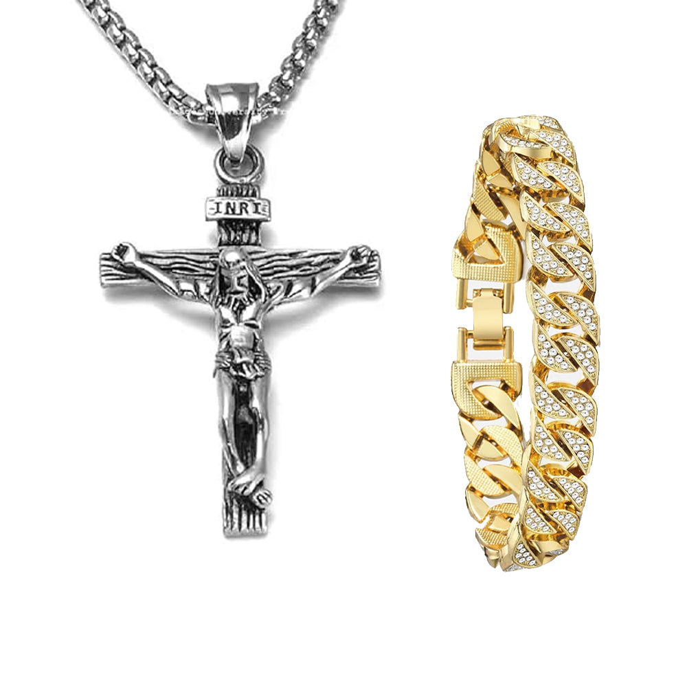 Miami Gold Curb Cuban Bracelet & Cross Necklace