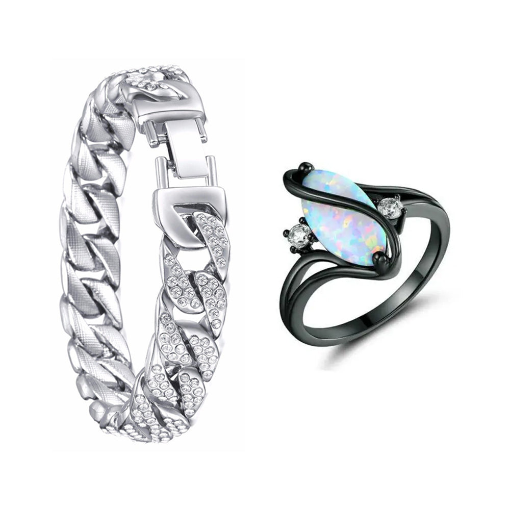 Luxurious Opal Ring & Miami Gold Curb Cuban Bracelet