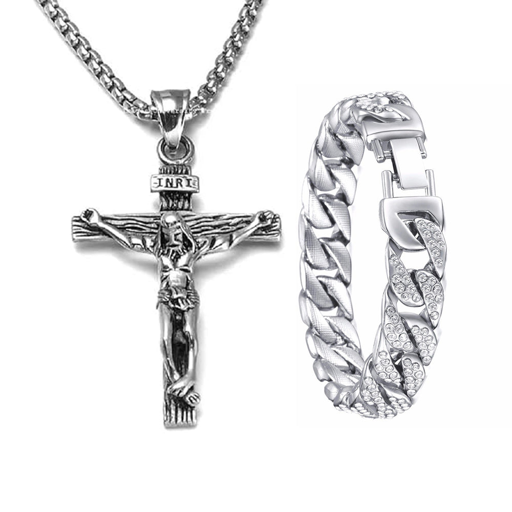Miami Gold Curb Cuban Bracelet & Cross Necklace