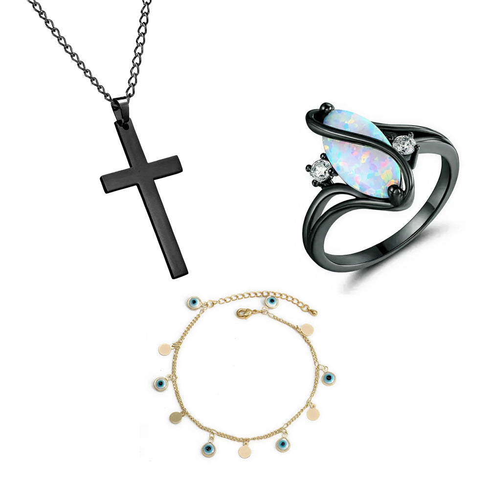 Cross Necklace & Charm Bracelet & Luxurious Opal Ring