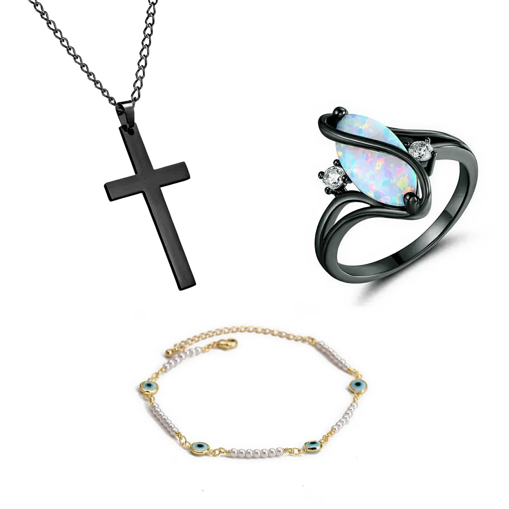 Cross Necklace & Charm Bracelet & Luxurious Opal Ring