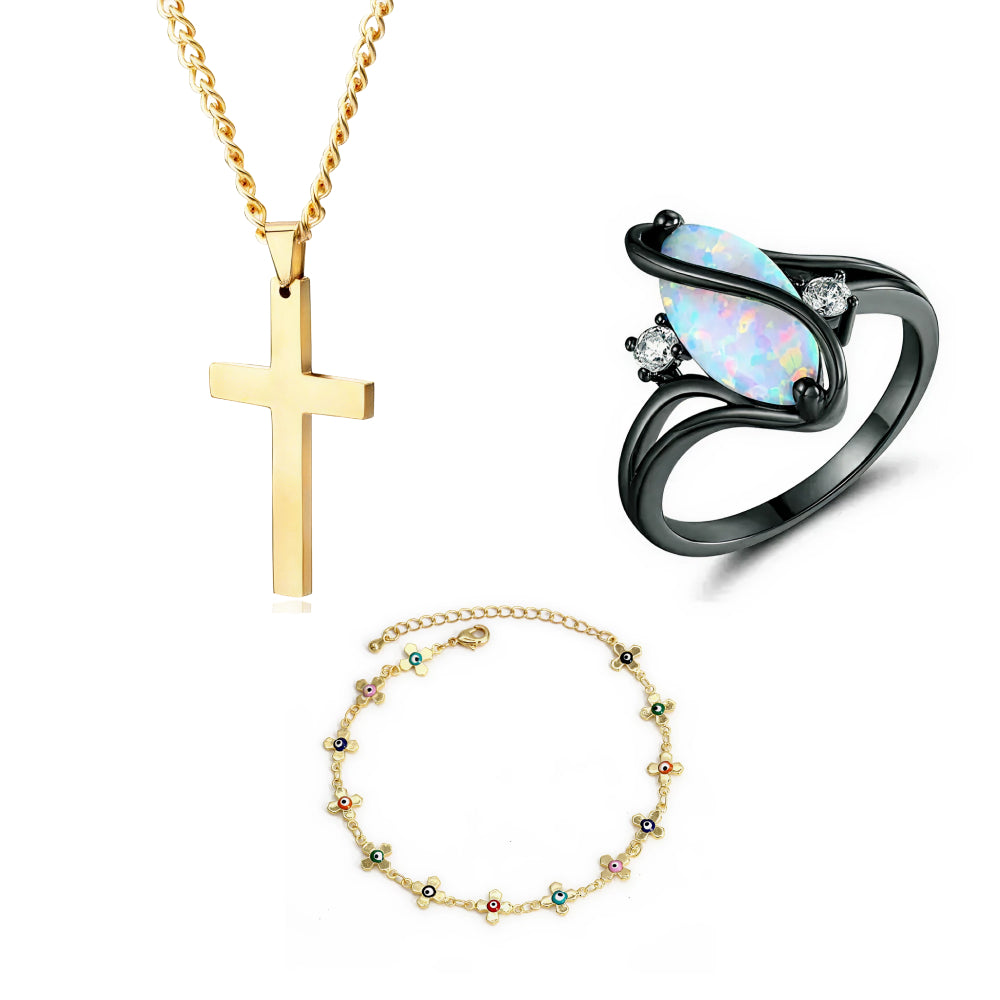 Cross Necklace & Charm Bracelet & Luxurious Opal Ring