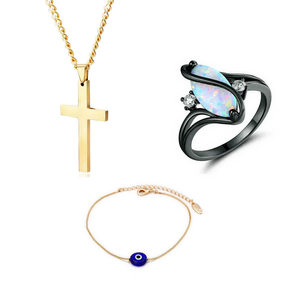 Cross Necklace & Charm Bracelet & Luxurious Opal Ring