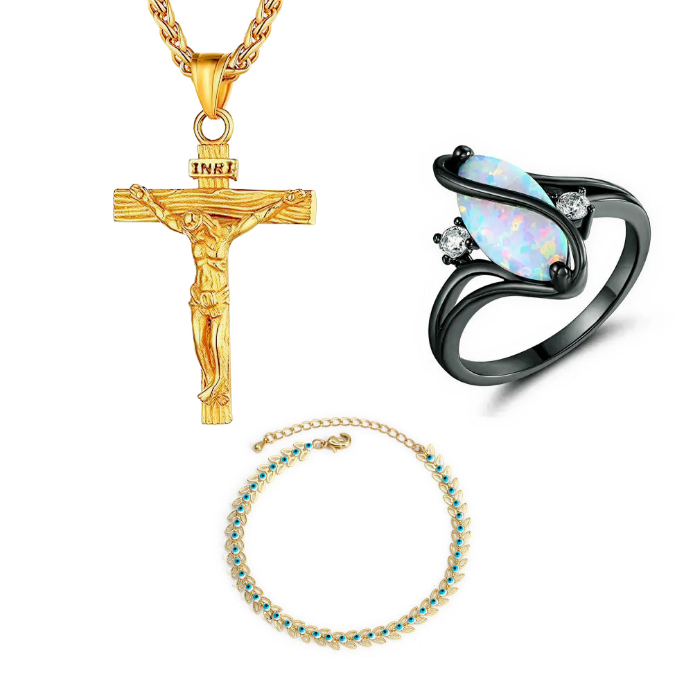 Cross Necklace & Charm Bracelet & Luxurious Opal Ring