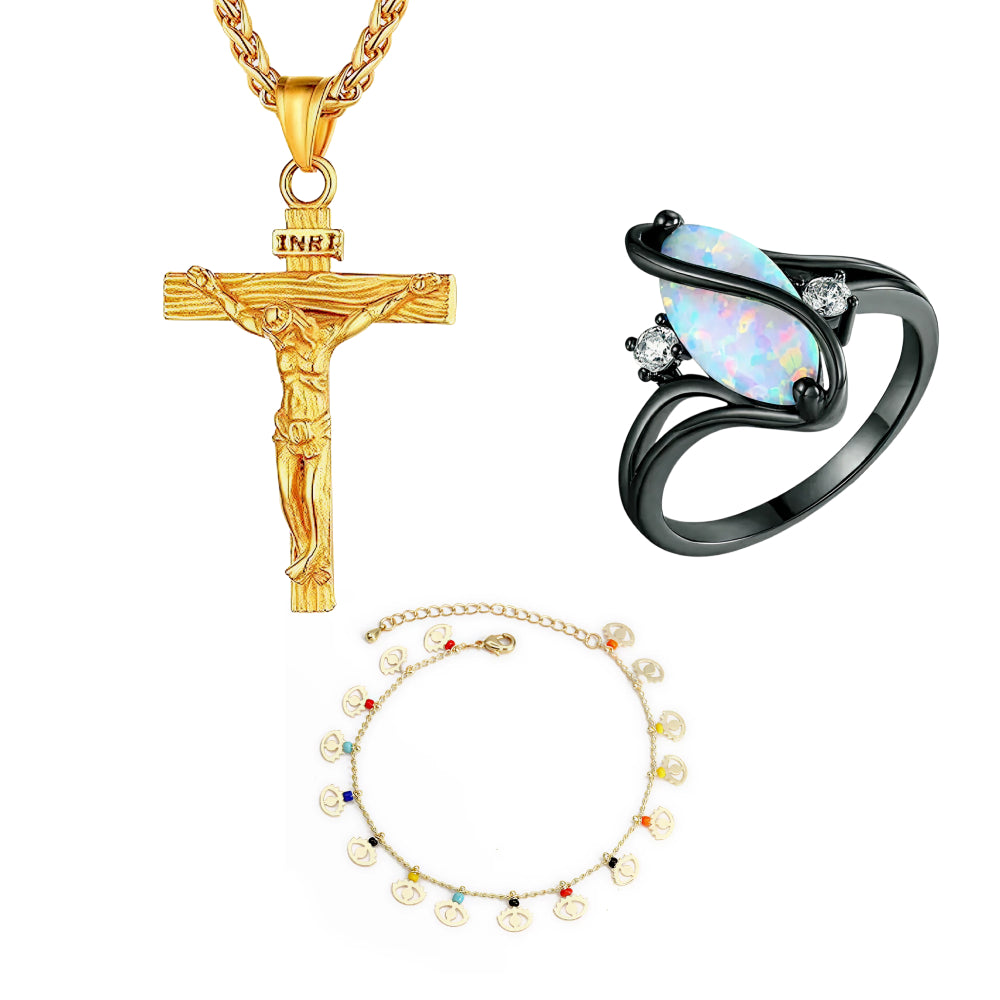 Cross Necklace & Charm Bracelet & Luxurious Opal Ring