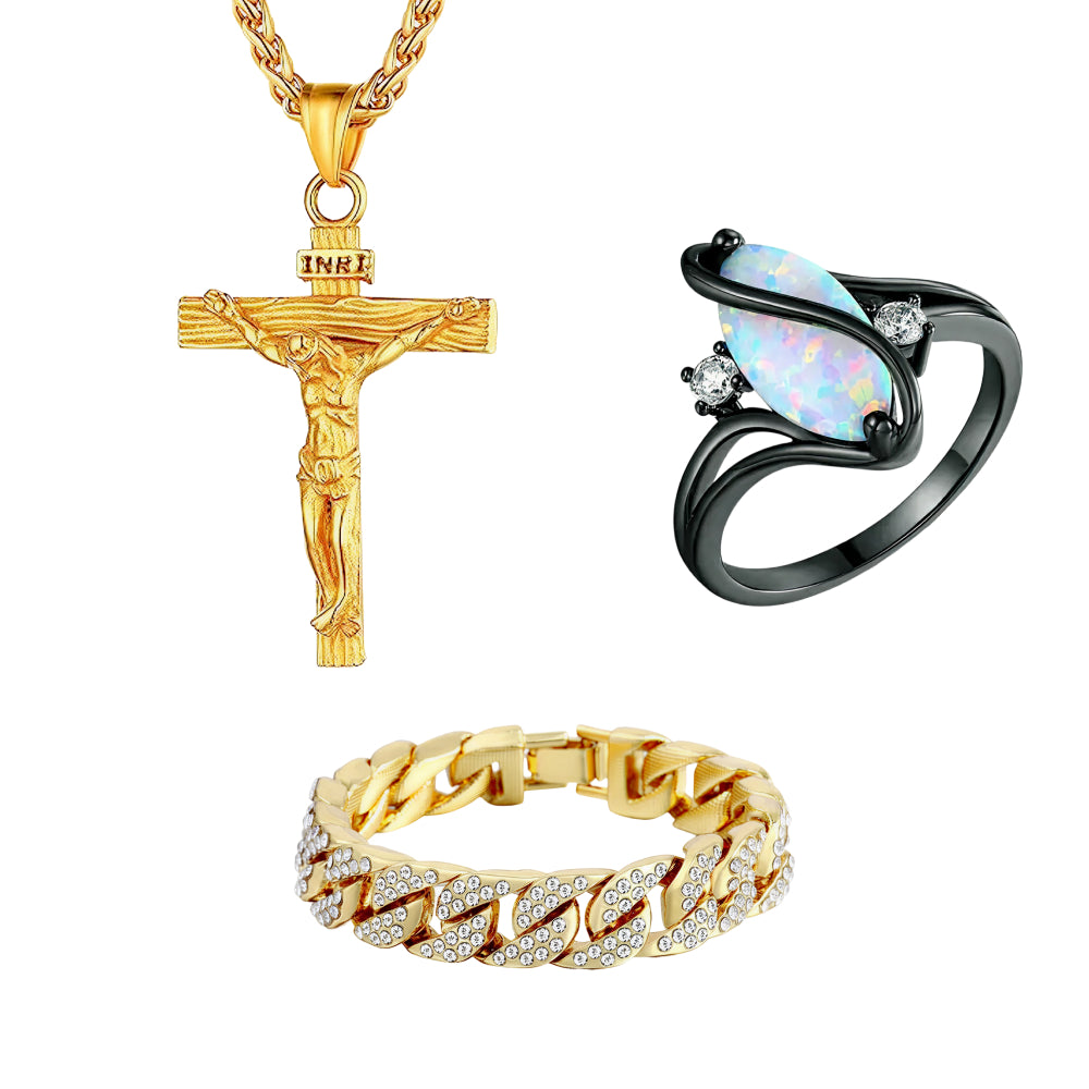 Cross Necklace & Luxurious Opal Ring & Miami Gold Curb Cuban Bracelet