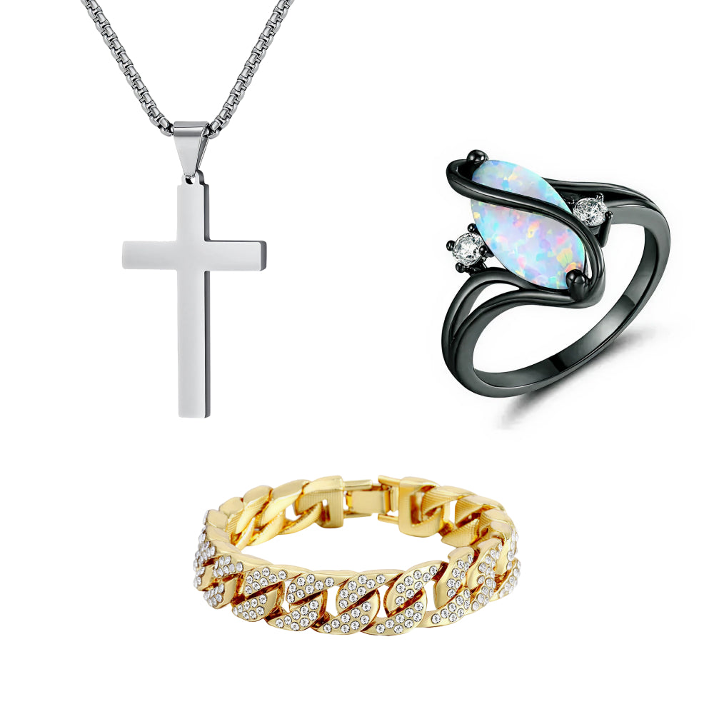 Cross Necklace & Luxurious Opal Ring & Miami Gold Curb Cuban Bracelet