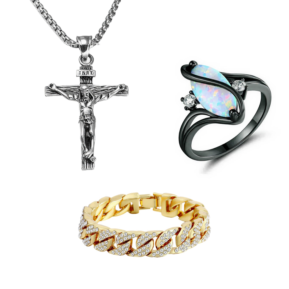 Cross Necklace & Luxurious Opal Ring & Miami Gold Curb Cuban Bracelet