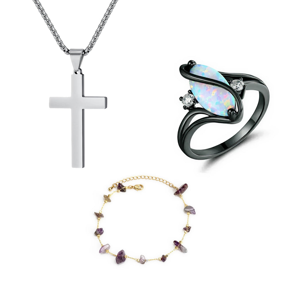 Cross Necklace & Charm Bracelet & Luxurious Opal Ring