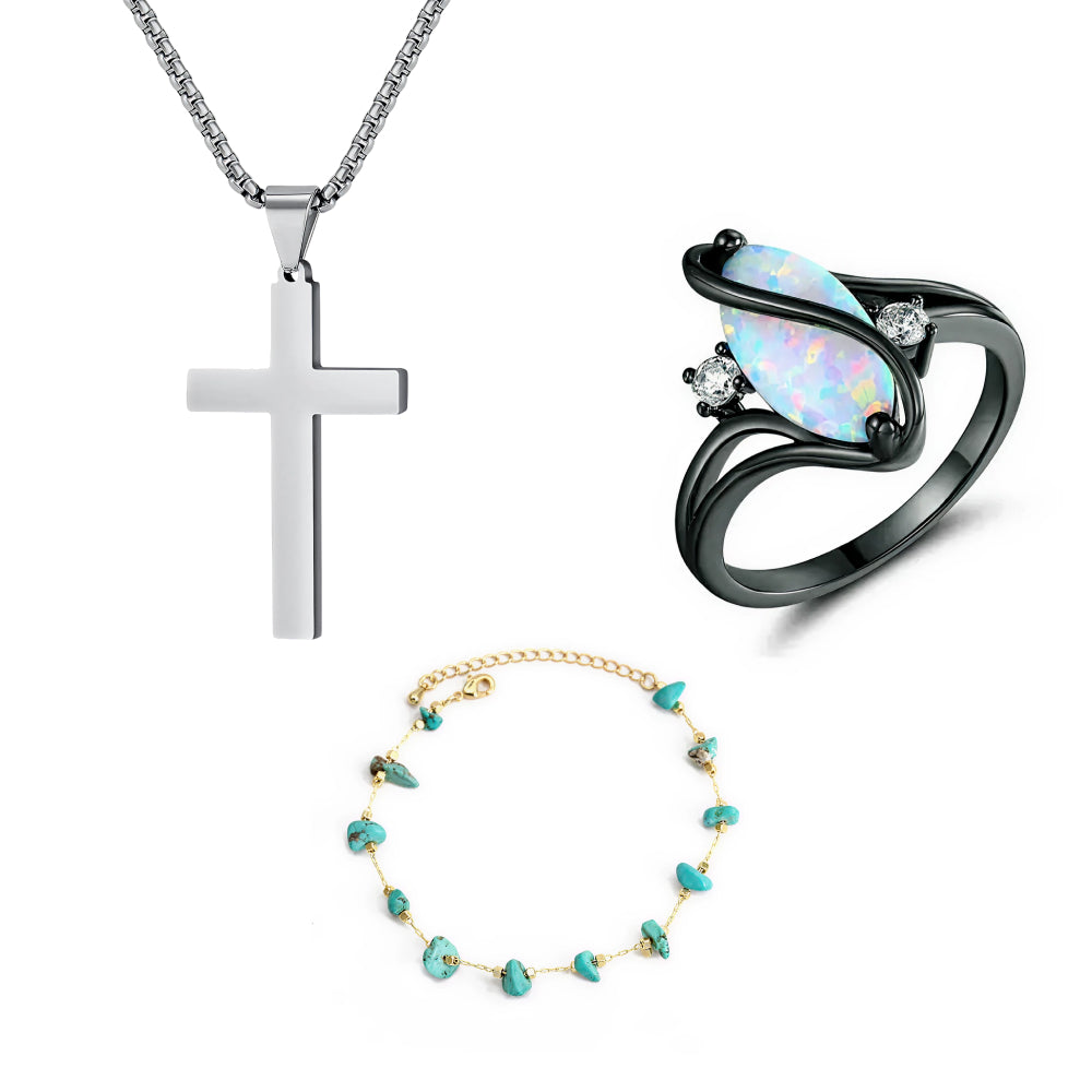 Cross Necklace & Charm Bracelet & Luxurious Opal Ring