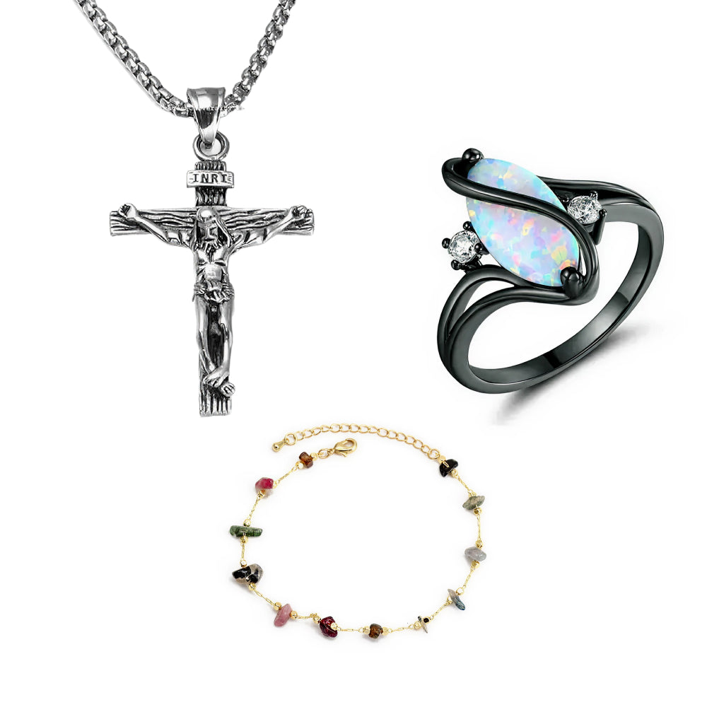Cross Necklace & Charm Bracelet & Luxurious Opal Ring