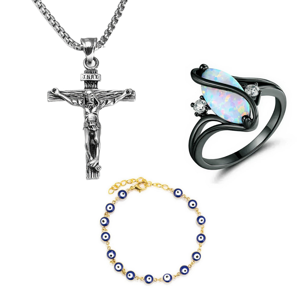 Cross Necklace & Charm Bracelet & Luxurious Opal Ring