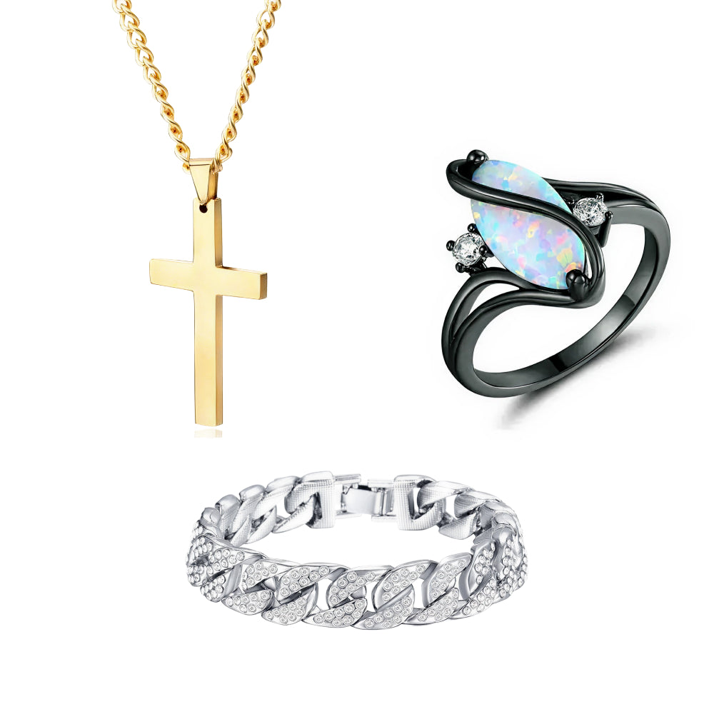 Cross Necklace & Luxurious Opal Ring & Miami Gold Curb Cuban Bracelet
