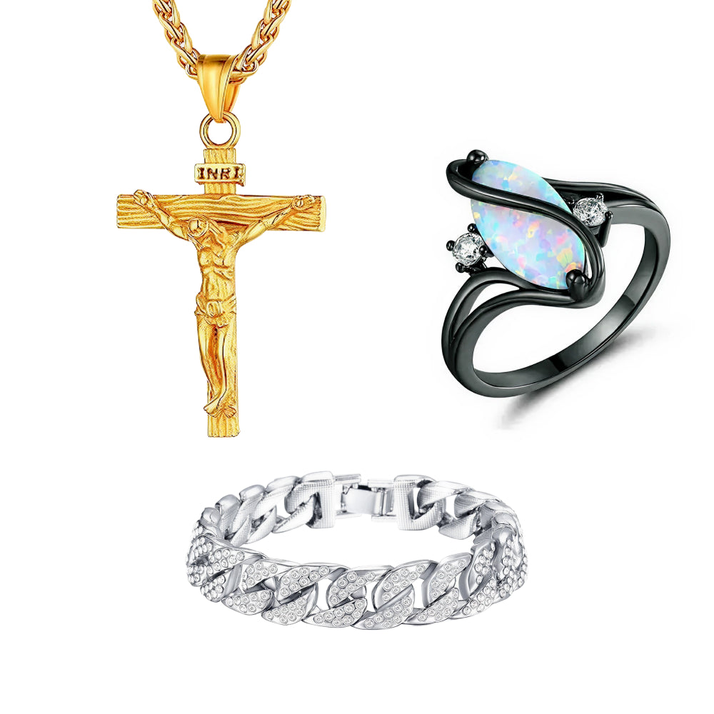 Cross Necklace & Luxurious Opal Ring & Miami Gold Curb Cuban Bracelet