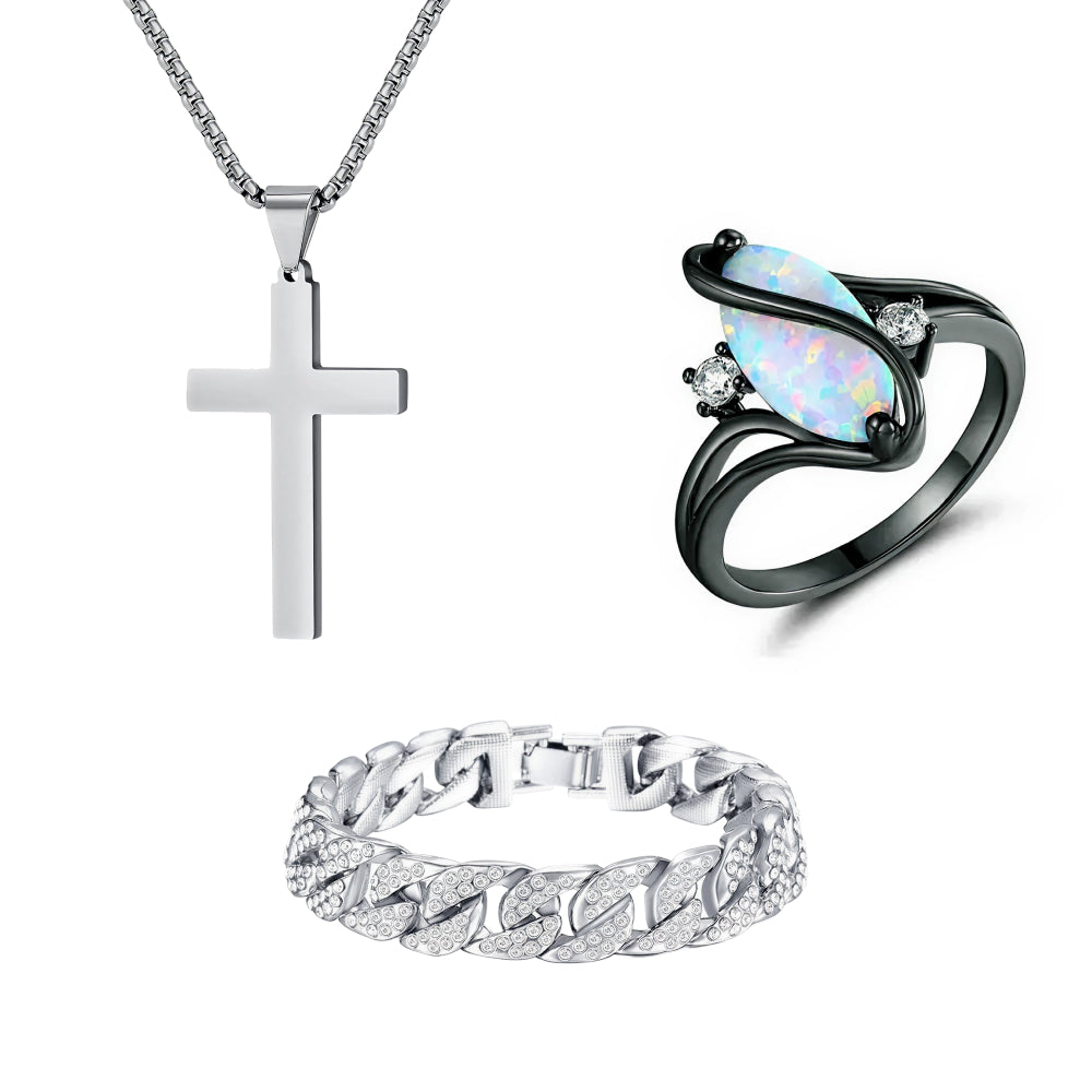 Cross Necklace & Luxurious Opal Ring & Miami Gold Curb Cuban Bracelet