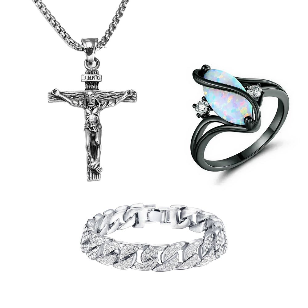 Cross Necklace & Luxurious Opal Ring & Miami Gold Curb Cuban Bracelet