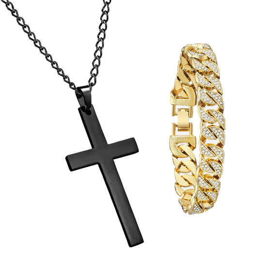 Miami Gold Curb Cuban Bracelet & Cross Necklace