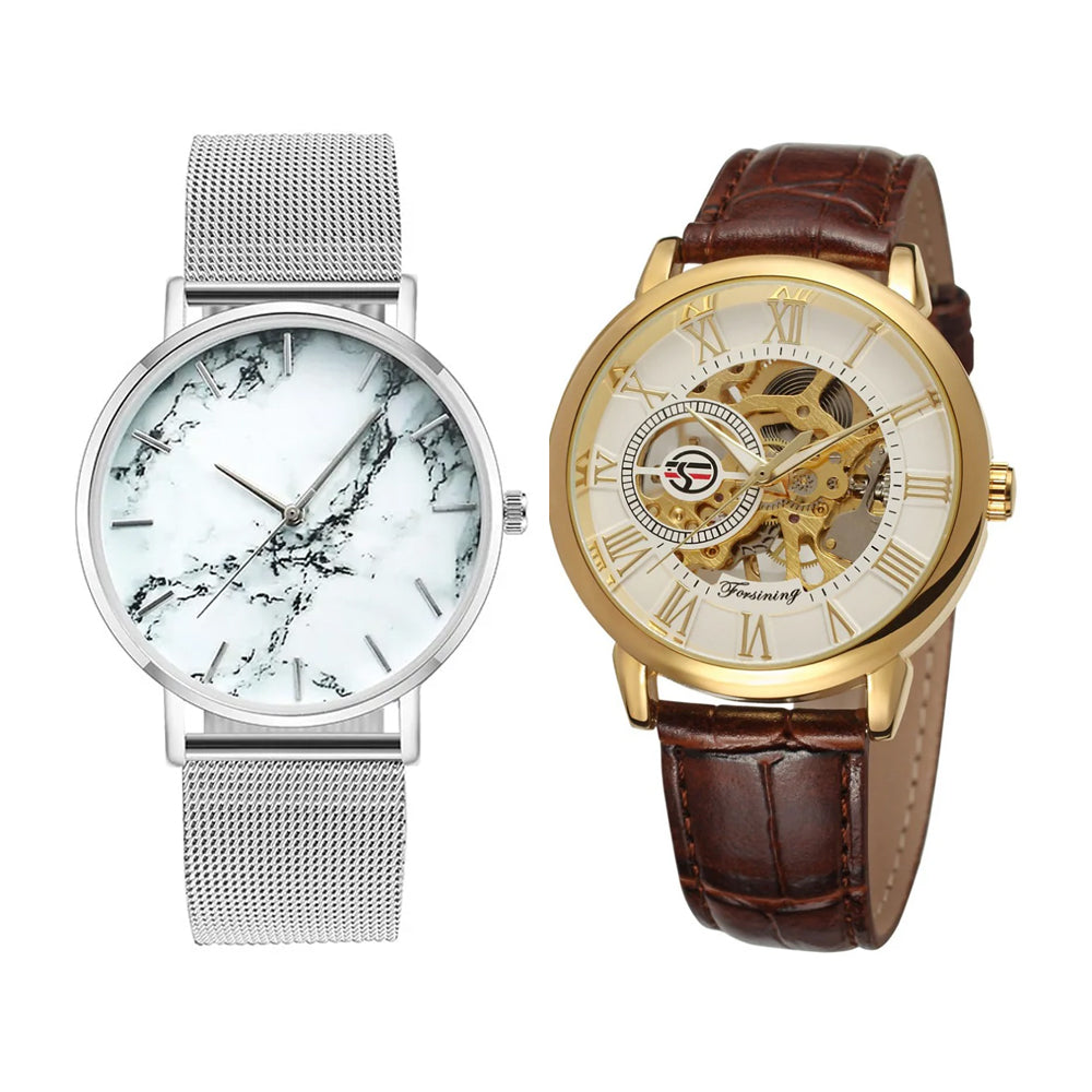 Men Luxury Brand Watch &  Rose Gold Mesh Band Marble Watch